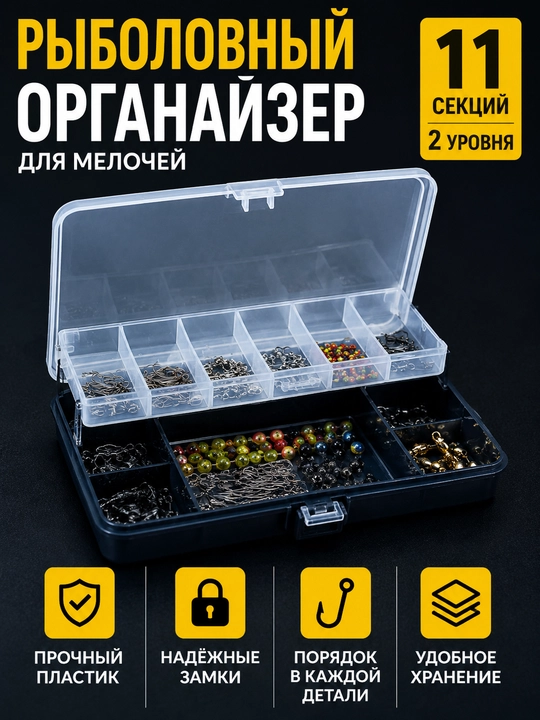Baliq ovlash uchun organayzer 2 qavat, 11 bo‘lim quti