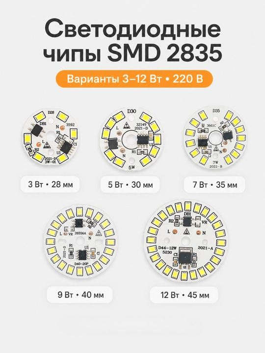 SMD 2835 LED lamp chip 220V-240V, sovuq va iliq oq yorug‘lik - 
