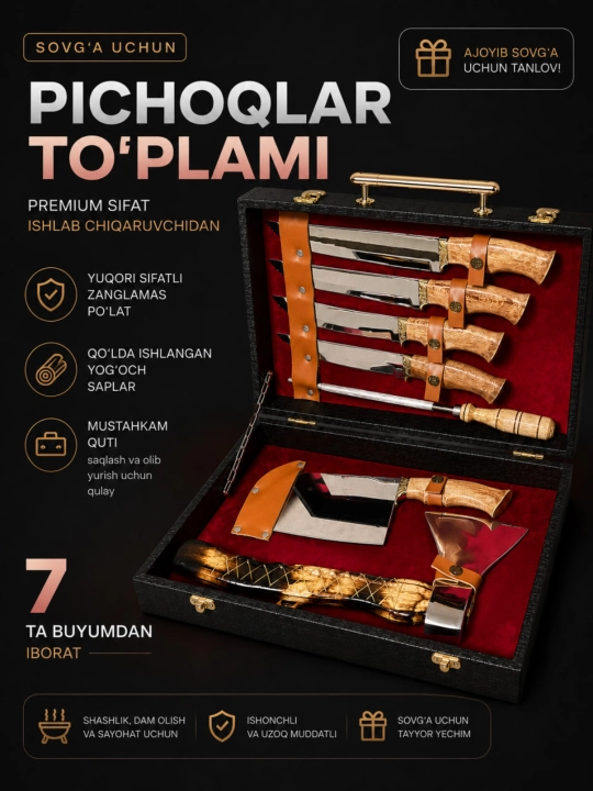 Premium pichoqlar nabori 7 ta, оshxona, ov va qassoblar uchun - 