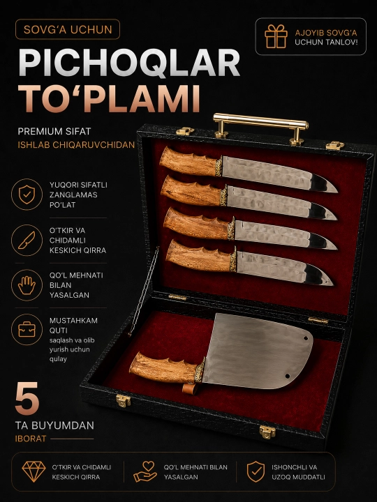 Premium pichoqlar nabori 7 ta, оshxona, ov va qassoblar uchun