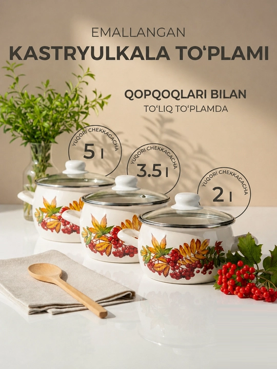 Oshxona idishlari to‘plami, Lisven emal qozonlari to‘plami, 2, 3.5, 5 litr - 