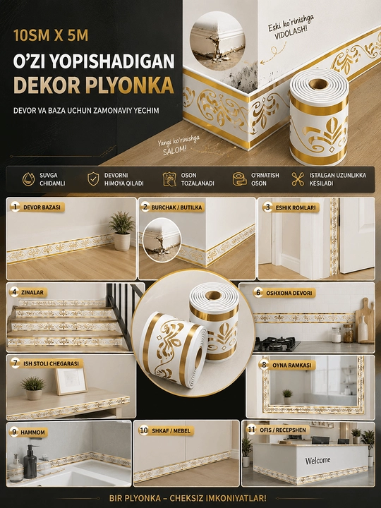 Devor, mebel va deraza uchun o‘zi yopishadigan dekor plyonka 10 sm x 5 m