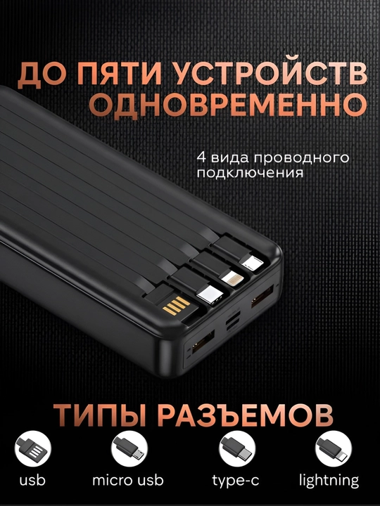Power Bank 20000 mAh 66W с встроенными кабелями, фонариком и быстрой зарядкой 22.5W