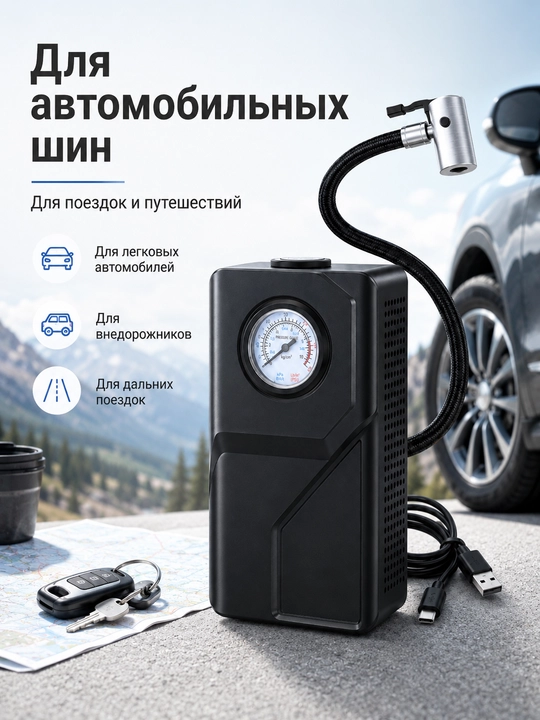 Avtomobil kompressori portativ shina nasosi USB zaryad mexanik manometr shlang