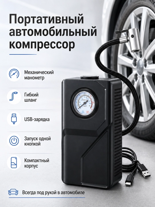 Avtomobil kompressori portativ shina nasosi USB zaryad mexanik manometr shlang - 