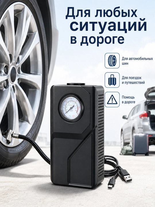 Avtomobil kompressori portativ shina nasosi USB zaryad mexanik manometr shlang