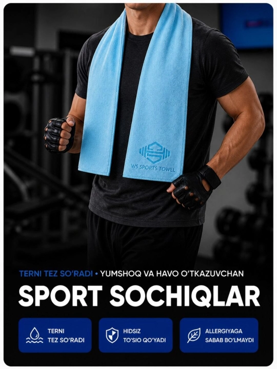 Sport sochiq 30x100 sm, mikrofiber tez quriydigan sochiq, fitnes, yoga va sport zali uchun
