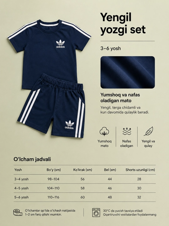 O‘g‘il bolalar uchun yozgi sport seti, futbolka va shortik, 2-5 yosh