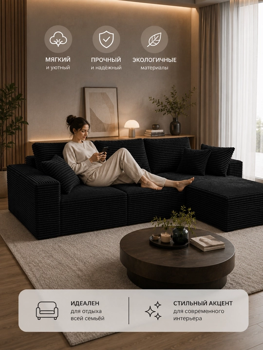 Yumshoq karkassiz L-shakldagi divan, zamonaviy uy va relax uchun mebel seti
