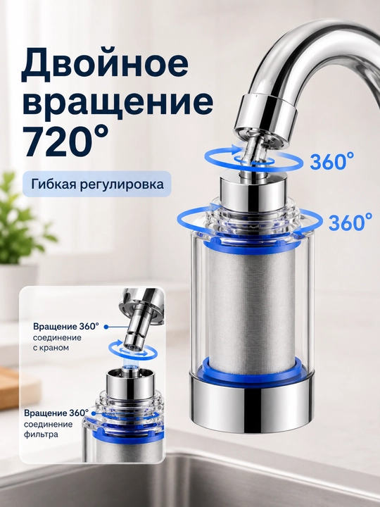 Аэратор фильтр для смесителя 360°/720° поворотный металлический картридж 22/24 мм