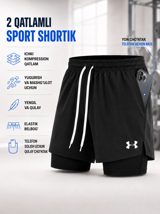 Sport shortik erkaklar uchun, 2 qatlamli kompression shorti bilan,fitnes va yugurish uchun