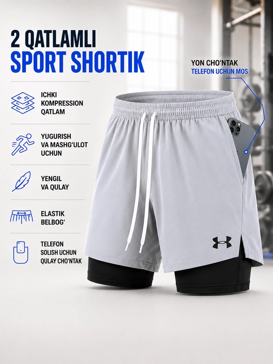 Sport shortik erkaklar uchun, 2 qatlamli kompression shorti bilan,fitnes va yugurish uchun