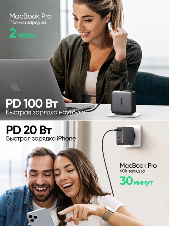 Сетевое зарядное устройство UGREEN CD226 USB-A + 3 USB-C 100W GaN Tech Fast Charger