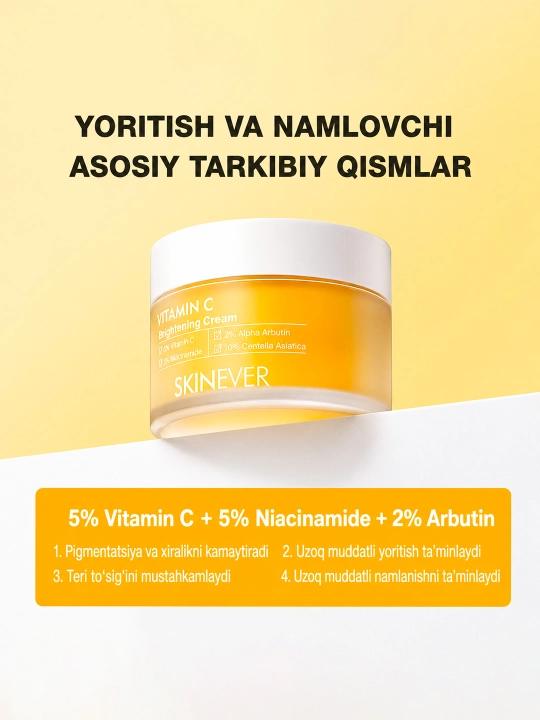 Yuz uchun SKINEVER Vitamin C Brightening Cream, niatsinamid bilan oqartiruvchi, 30 g
