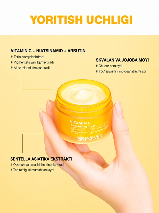 Yuz uchun SKINEVER Vitamin C Brightening Cream, niatsinamid bilan oqartiruvchi, 30 g