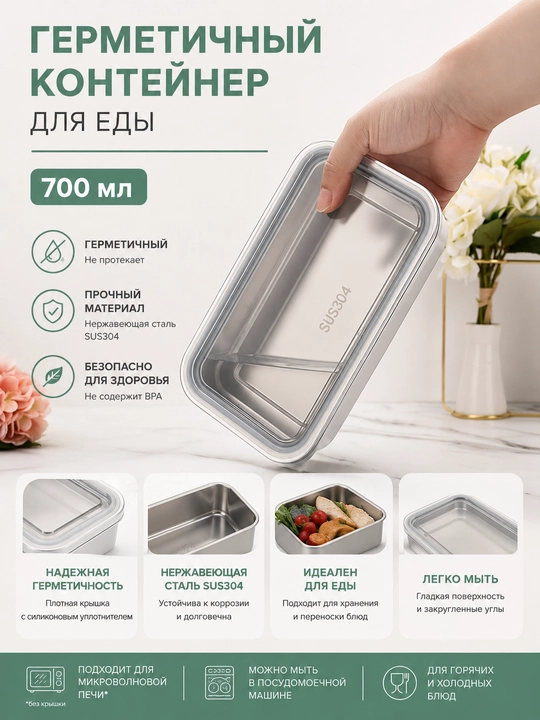 Ovqat uchun lanchboks 650 ml, qopqoqli konteyner, germetik