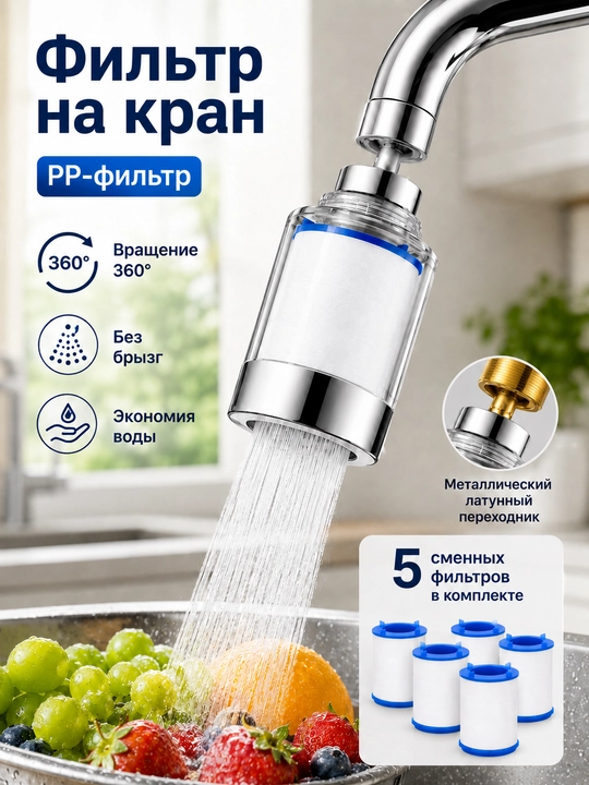 Фильтр на кран PP 360° поворотный 5 сменных картриджей 22/24 мм - 