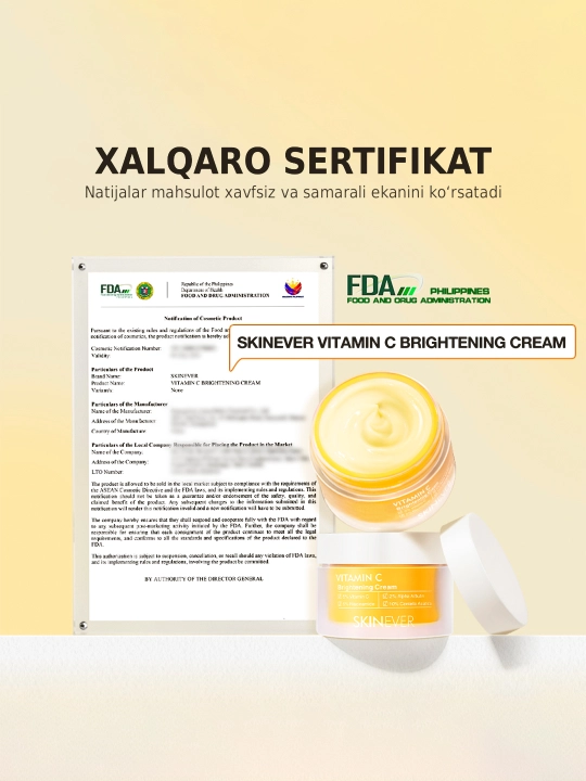 Yuz uchun SKINEVER Vitamin C Brightening Cream, niatsinamid bilan oqartiruvchi, 30 g