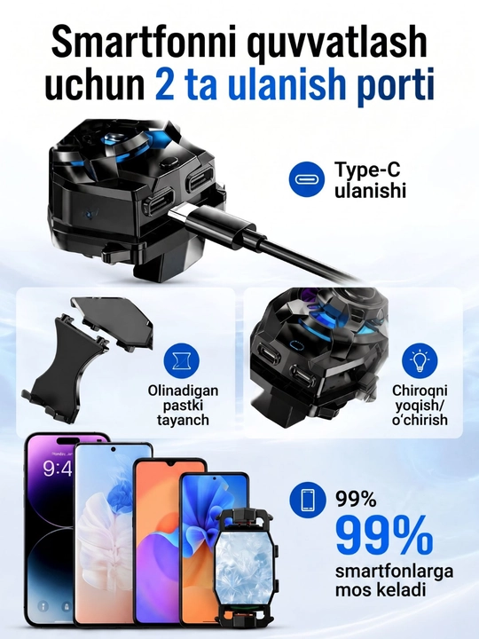Игровой кулер для телефона, Type-C, магнит + зажим, RGB, дисплей