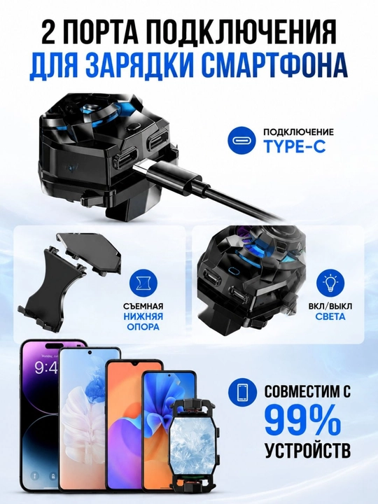 Игровой кулер для телефона, Type-C, магнит + зажим, RGB, дисплей