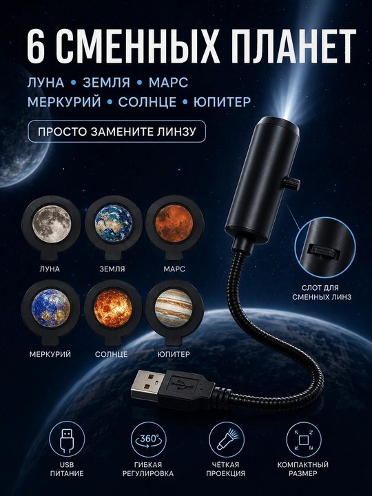 LED-проектор планетарий USB ночник 10 слайдов планеты звезды для детской
