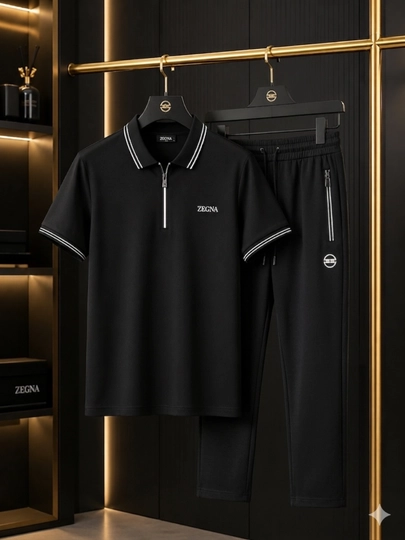 Спортивный костюм мужской Zegna, комплект футболка-поло на молнии и штаны — AVNS-ZEGNA-ЧЕРН-XL