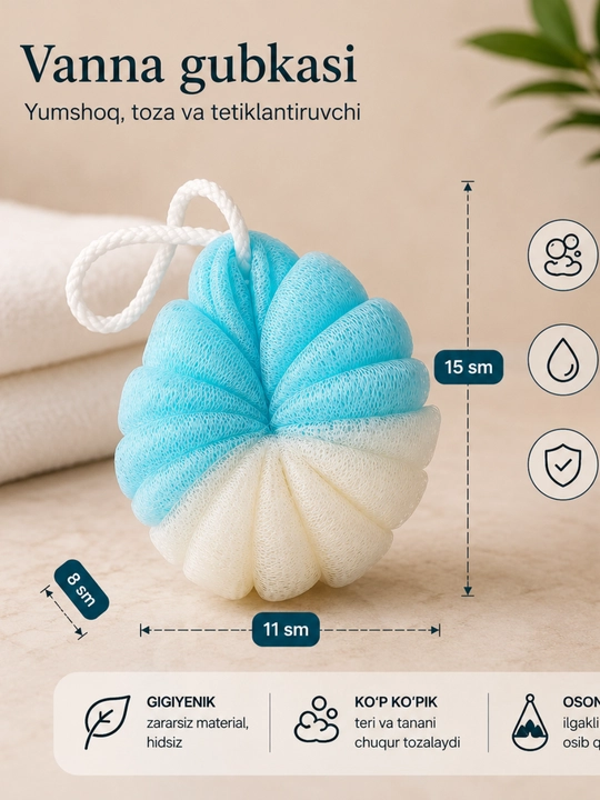 Dush mochalka body sponge yumshoq hammom seti ko‘pik chiqaruvchi