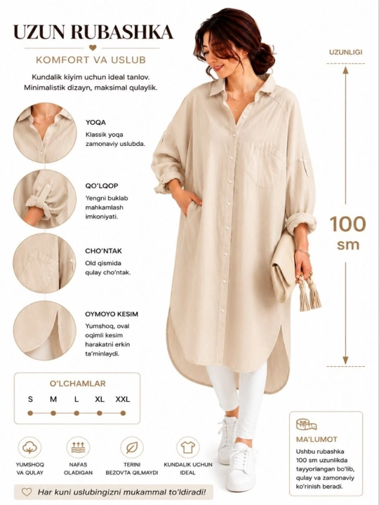 Ayollar uchun uzun rubashka  Oversize fason  85 sm, 100 sm, 120 sm uzunliklar - 