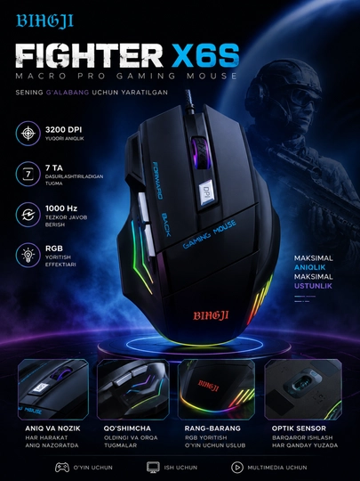USB o'yin sichqonchasi simli, RGB yoritish bilan - 