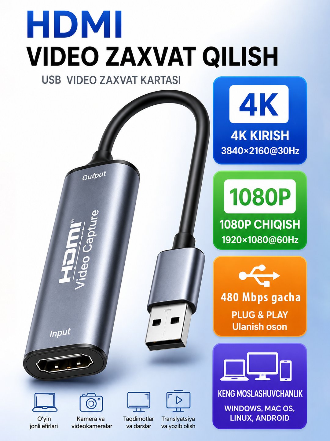 4K HDMI - USB video qayd qilish kartasi, HDMI-USB zaxvat - 