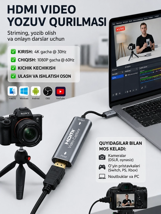4K HDMI - USB video qayd qilish kartasi, HDMI-USB zaxvat