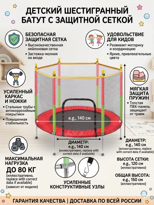 Детский батут с каркасом и защитной сеткой - 
