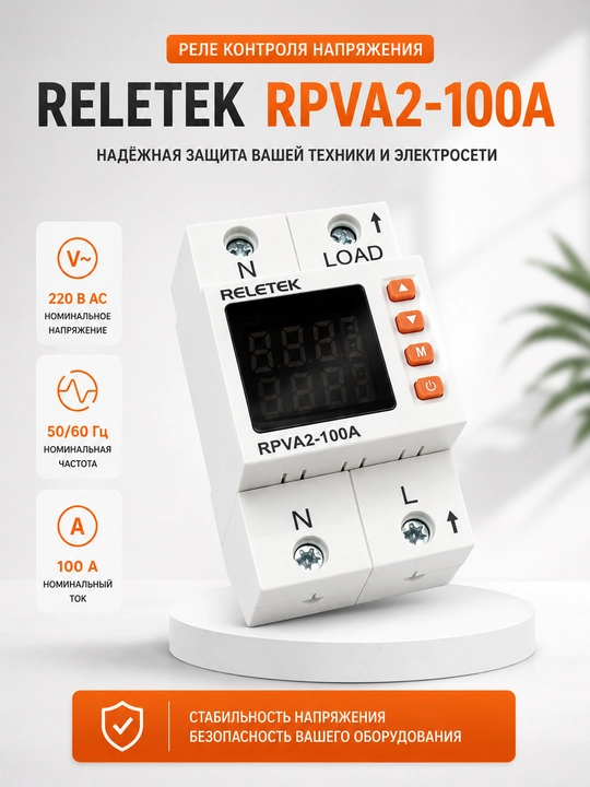 Реле контроля напряжения RELETEK RPVA2‑100A, 100А, цифровое, DIN‑рейка - 