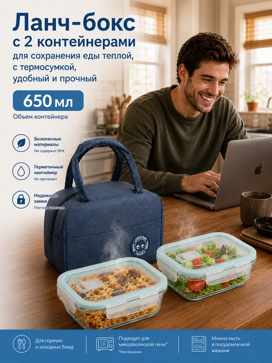 Ланч-бокс с двумя прочными контейнерами для хранения еды, термосумкой - 