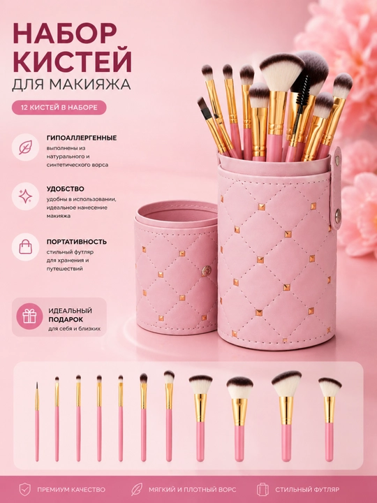 Профессиональный набор кистей для макияжа 12 шт с тубусом