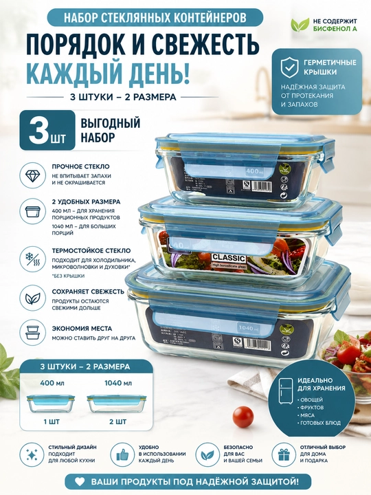 Набор стеклянных контейнеров с крышками 3 шт - 