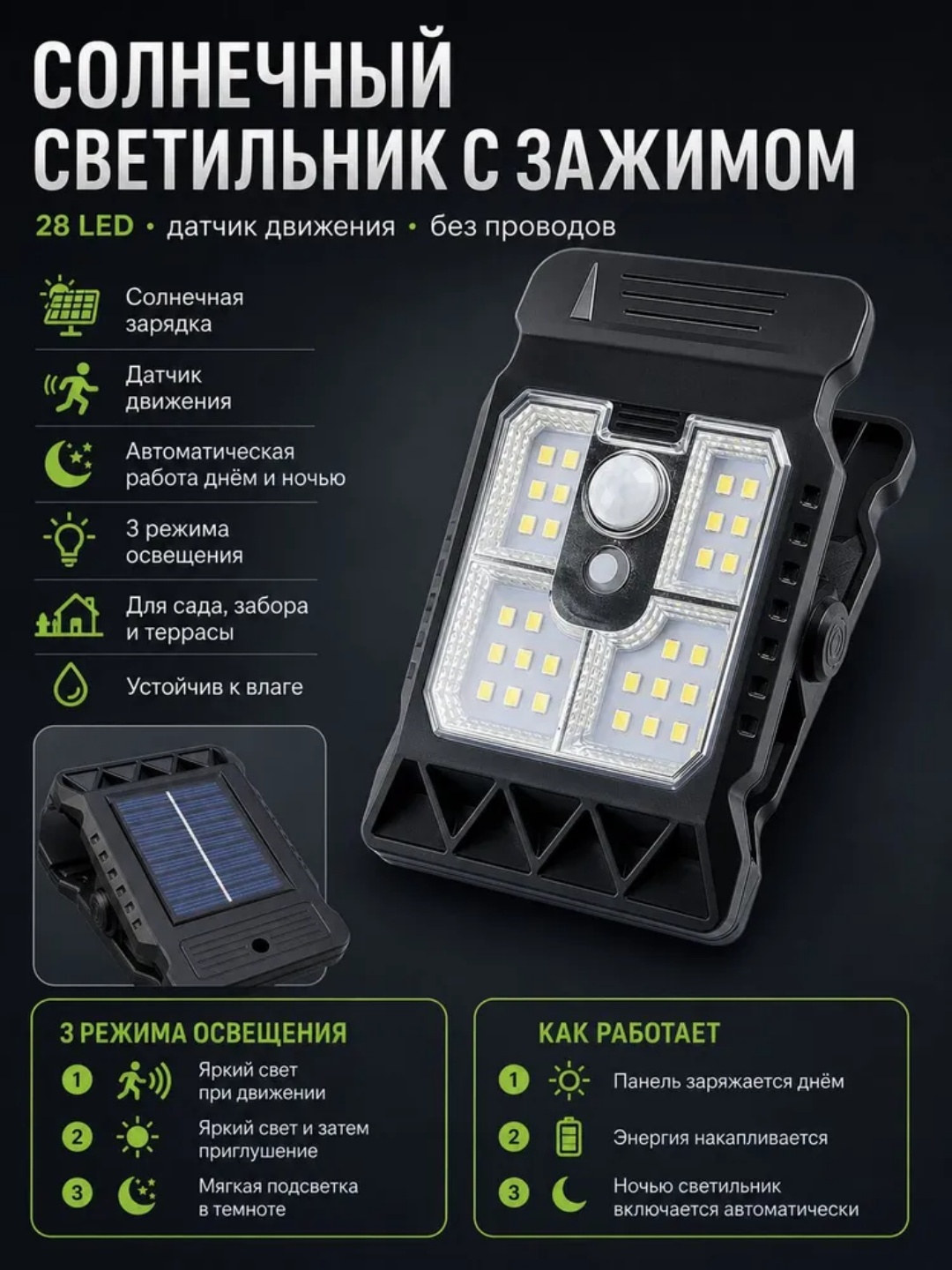 Quyosh LED yoritgichi, qisqichli, 28 LED, bog‘ va balkon uchun harakat datchigi