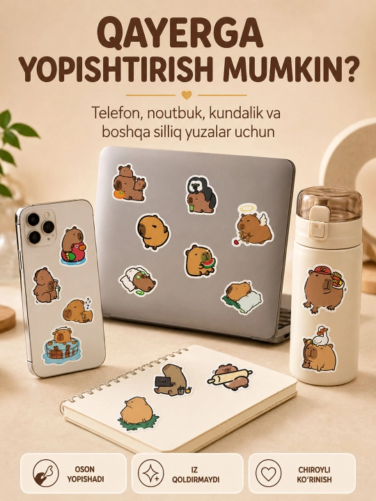 Nakleykalar, stikerlar "Mushuk, tuya, laylak, yo'lbars, belka, kapibara, yenot" noutbuk