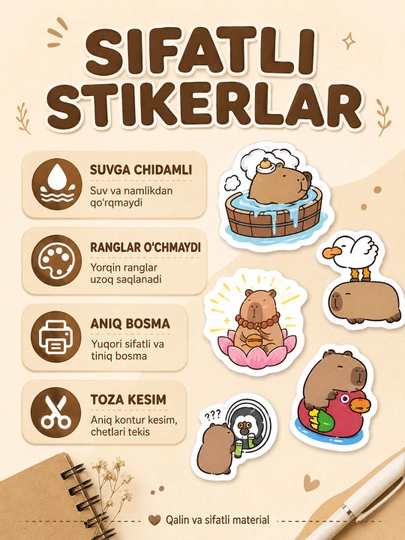 Nakleykalar, stikerlar "Mushuk, tuya, laylak, yo'lbars, belka, kapibara, yenot" noutbuk