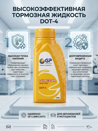 Тормозная жидкость GLYCOGEN Brake Fluid DOT-4 для автомобилей и мотоциклов, 250 мл — D4442-ТОРЖИД