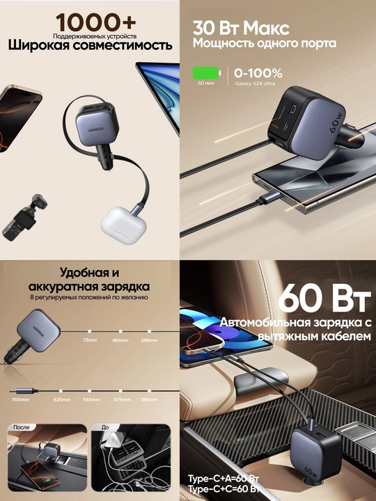 UGREEN EC602 (55212B) 60W tortiladigan USB-C kabeliga ega avtomobil zaryadlovchi qurilmasi