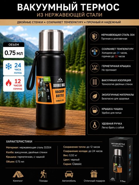 Термос Piknic Uz, вакуумный из нержавеющей стали, двухстенный, с ручкой - 