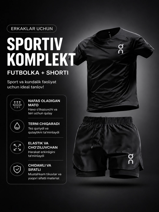 Erkaklar sport komplekti futbolka va shortik mashg‘ulotlar uchun nafas oluvchi sport kiyim