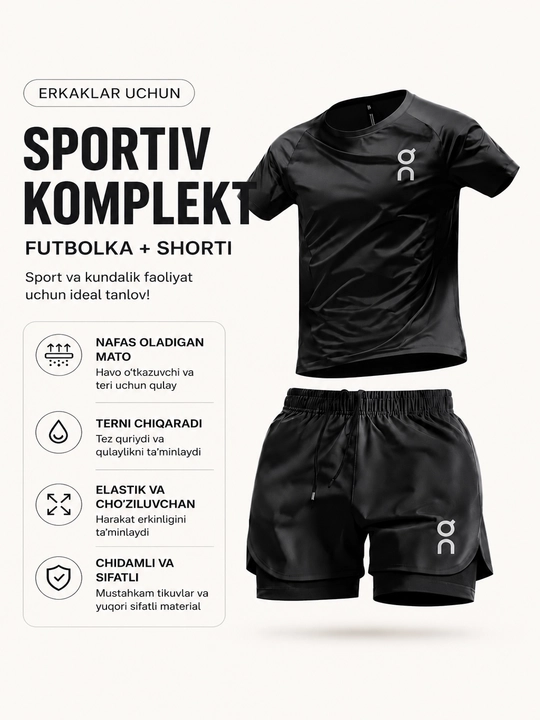 Erkaklar sport komplekti futbolka va shortik mashg‘ulotlar uchun nafas oluvchi sport kiyim