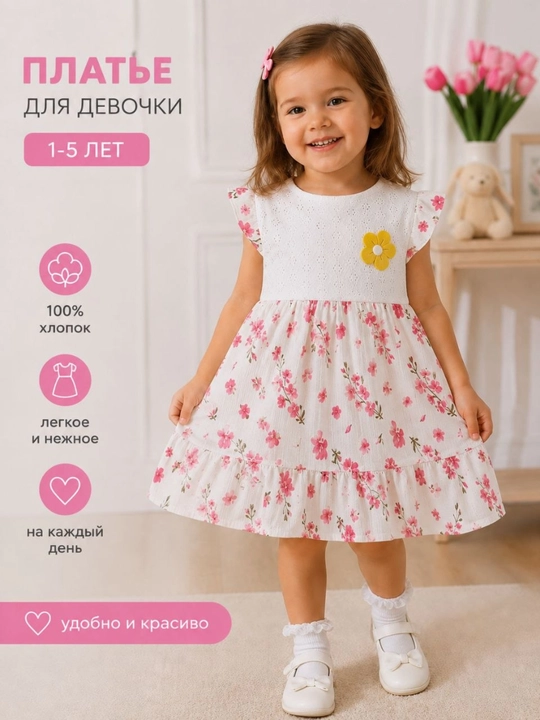 Qizaloqlar uchun chiroyli yozgi xb nafis va yengil ko‘ylak, 1-5 yosh - 