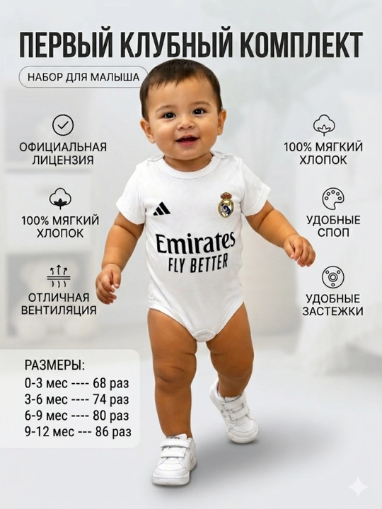 Real Madrid futbol klubi logotipli bolalar bodisi paxtali oq kombinezon chaqaloqlar uchun - 