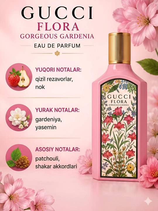 Ayollar Gucci Flora Gorgeous Gardenia parfyum suvi, ayollar uchun ifor, 100 ml