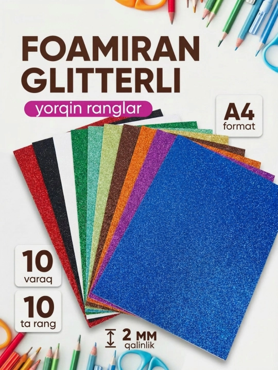 Yaltiroq rangli qog'oz, Purpurina eva, A3 va A4, 10 dona