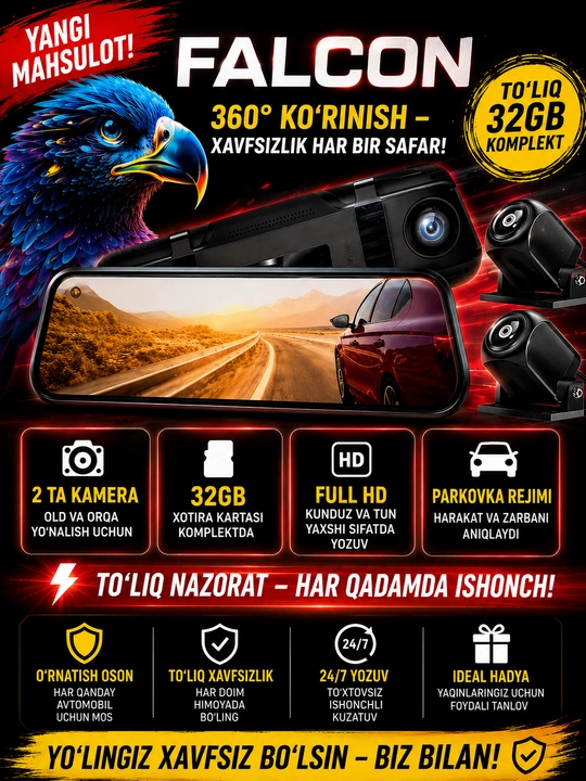 Videoregistrator, old kamera undan tashqari orqa kamera, 32GB xotirali fleshka sovga - 