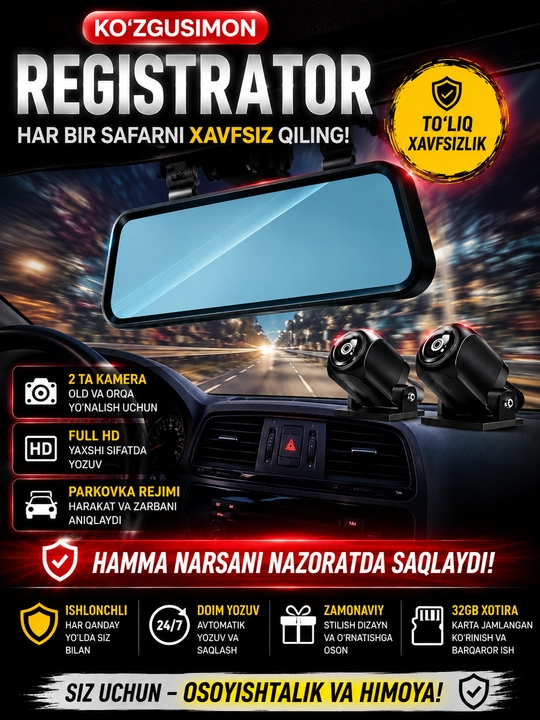 Videoregistrator, old kamera undan tashqari orqa kamera, 32GB xotirali fleshka sovga